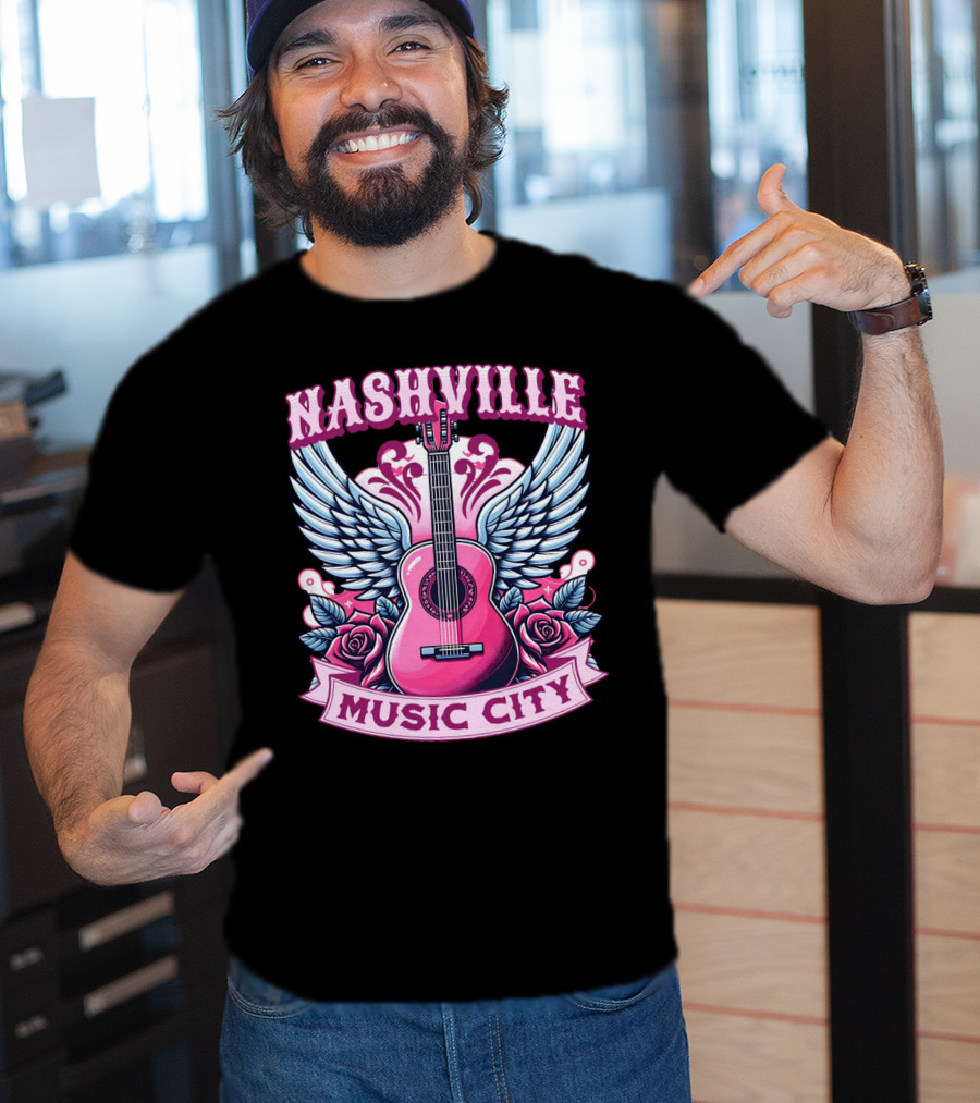 Nashville Music City Pink Guitar Wings Roses T-Shirt