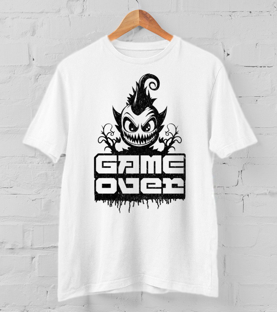 GAME OVER Creepy Monster Icon With Sharp Teeth And Spiky Hair T-Shirt