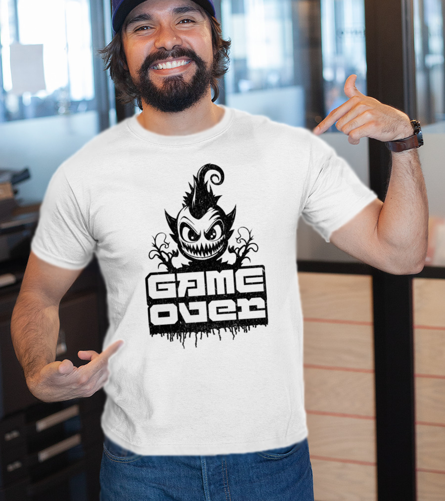 GAME OVER Creepy Monster Icon With Sharp Teeth And Spiky Hair T-Shirt