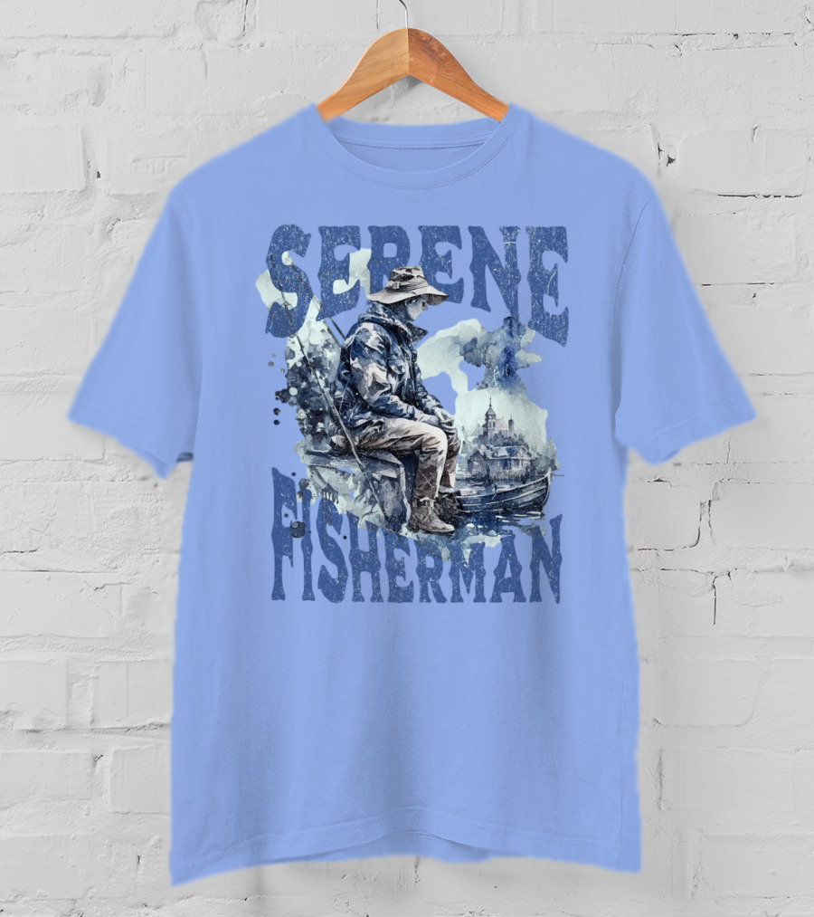 Serene Fisherman In Tranquil Lakeside Town With Boat And Reflection T-Shirt