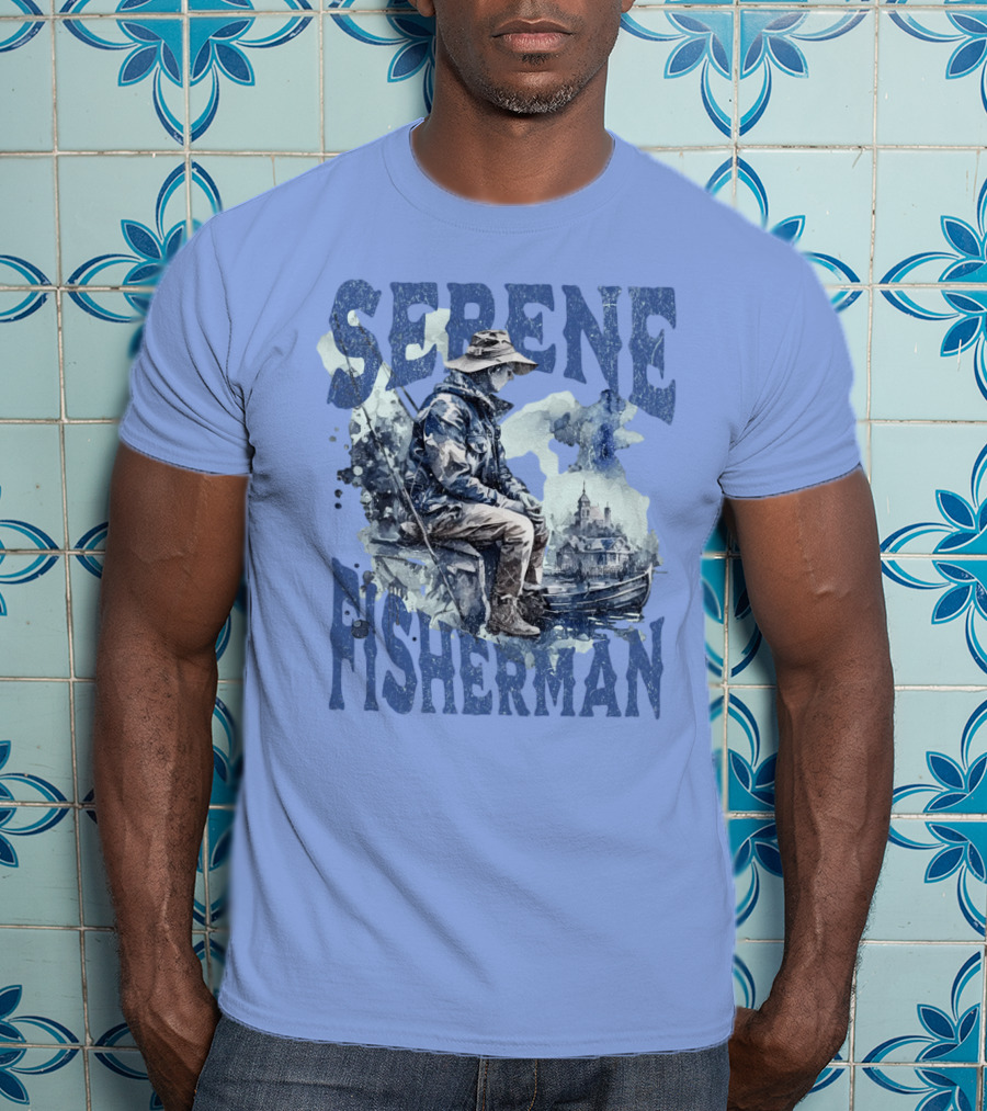 Serene Fisherman In Tranquil Lakeside Town With Boat And Reflection T-Shirt