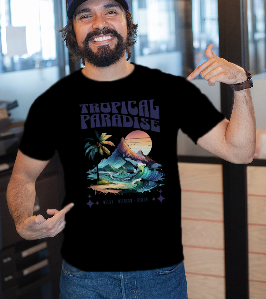 Tropical Paradise Palm Waves Island Horizon Sunset T-Shirt