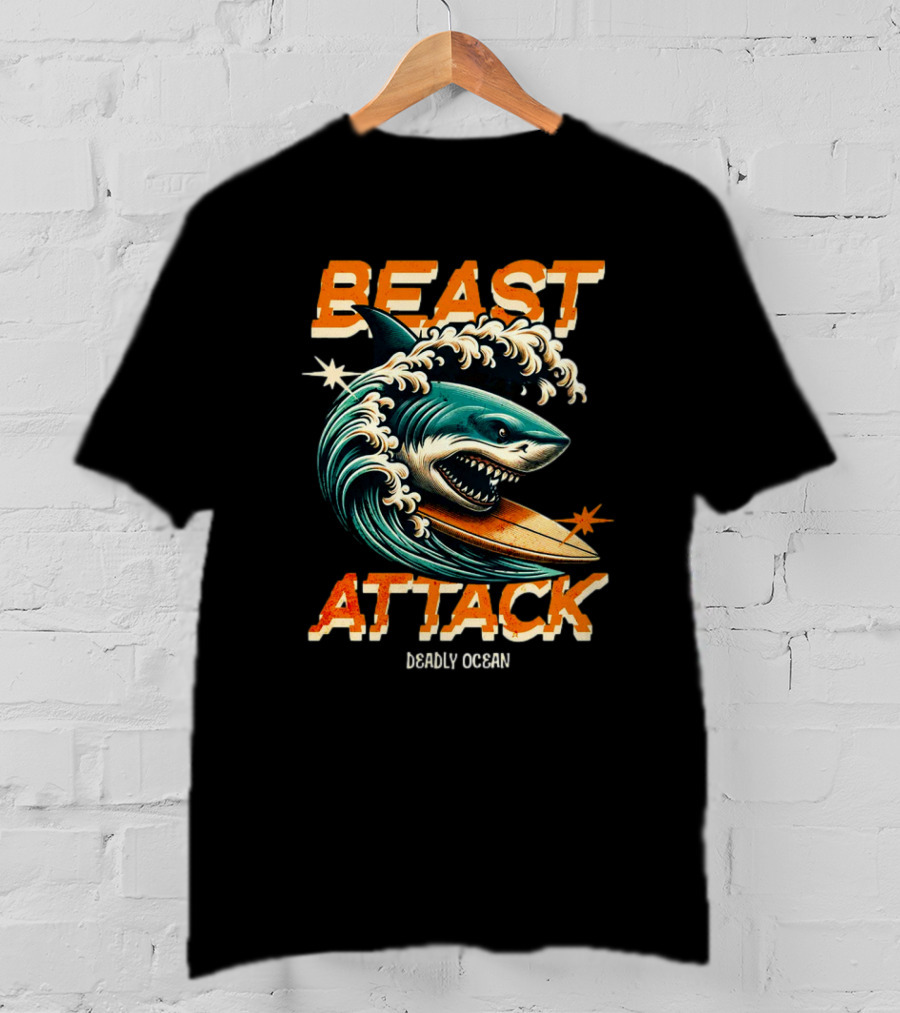 Beast Attack Deadly Ocean Shark Wave Surfboard T-Shirt