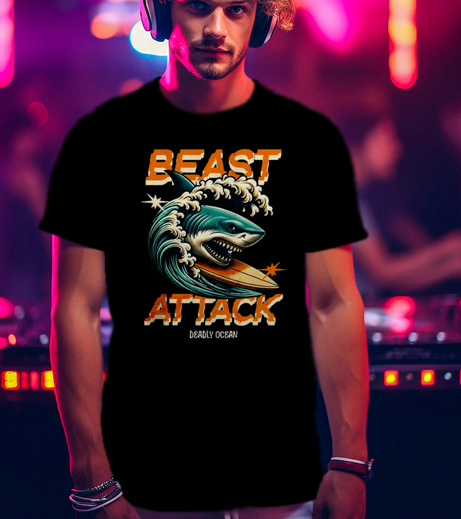 Beast Attack Deadly Ocean Shark Wave Surfboard T-Shirt