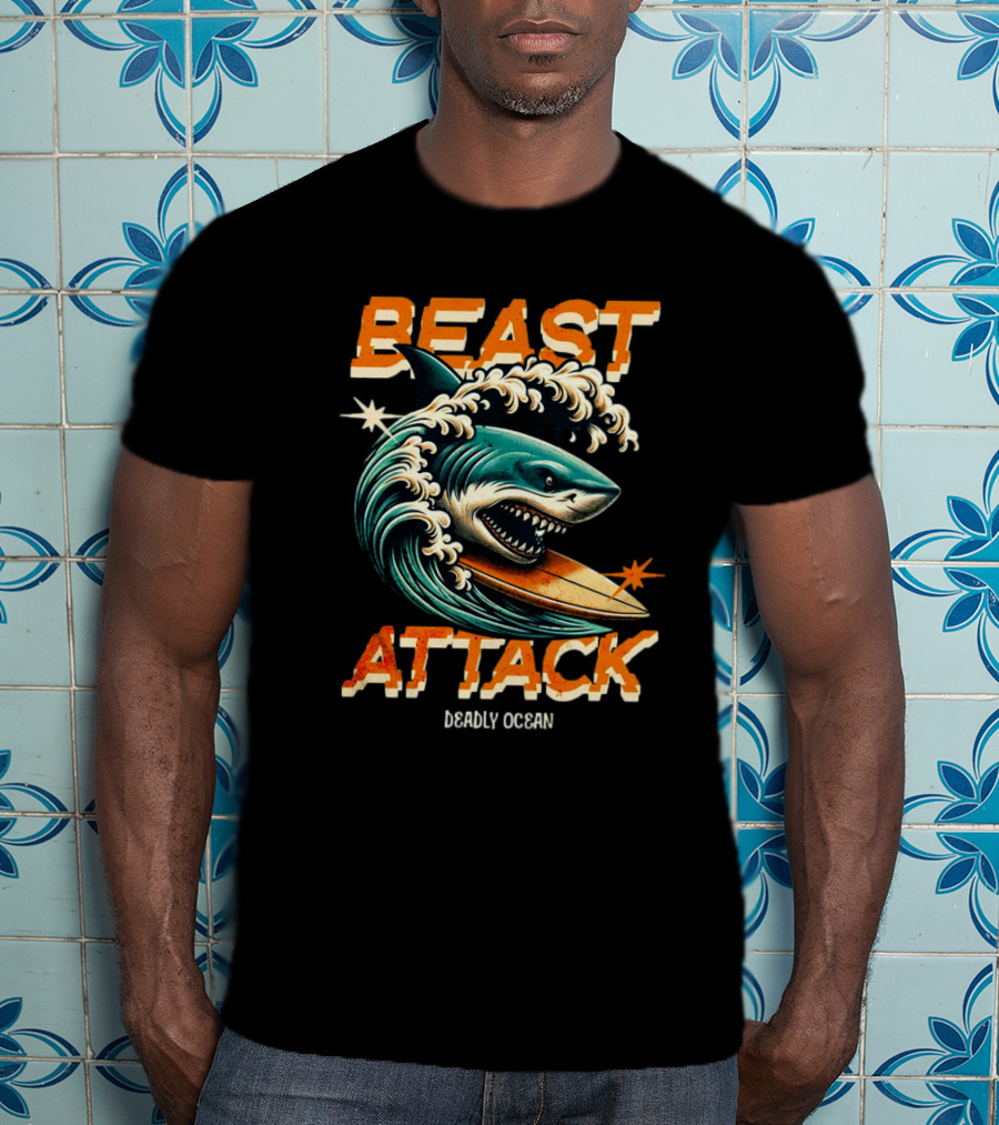 Beast Attack Deadly Ocean Shark Wave Surfboard T-Shirt