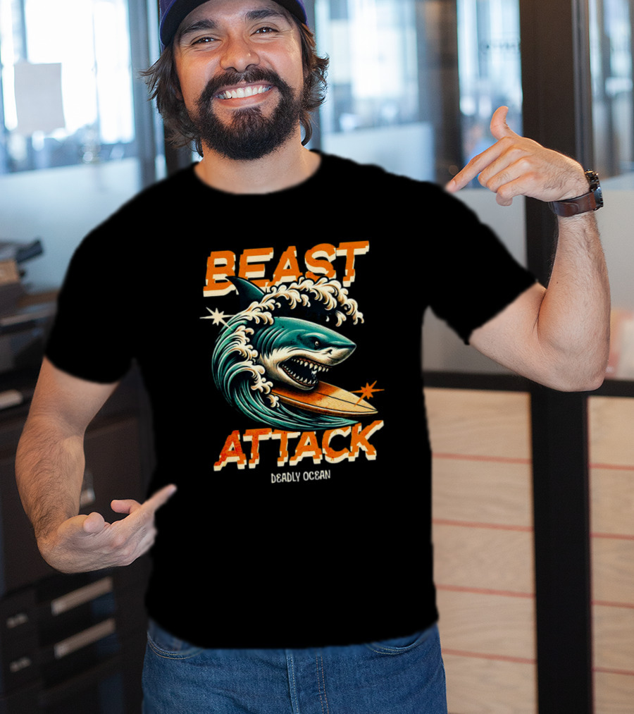 Beast Attack Deadly Ocean Shark Wave Surfboard T-Shirt
