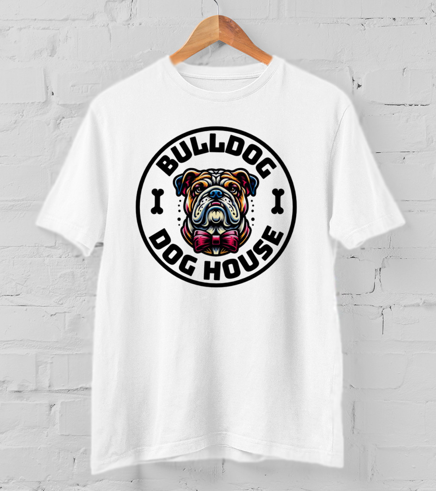 BULLDOG DOG HOUSE Bow Tie Dog Bone Circle T-Shirt
