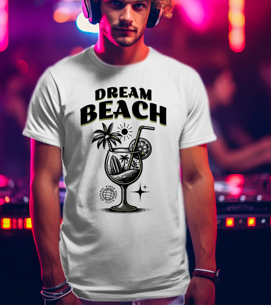 Dream Beach Travel Since 1981 Tropical Cocktail Palm Trees Sun And Moon T-Shirt