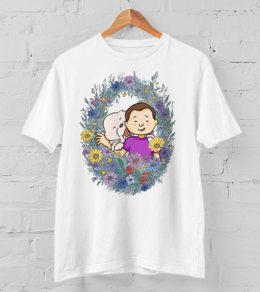 Dog Dad Cartoon Embrace In Floral Frame T-Shirt