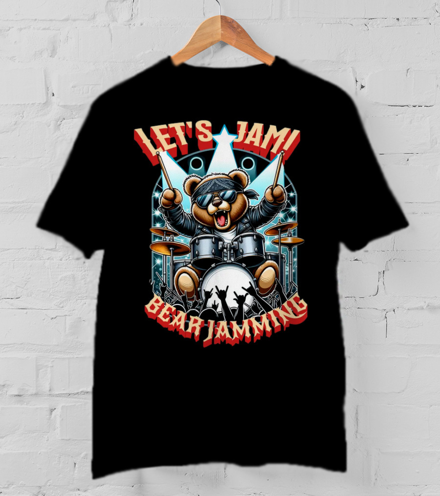 Let's Jam Bear Jamming Rock Drummer Concert Stage Electric Bear T-Shirt