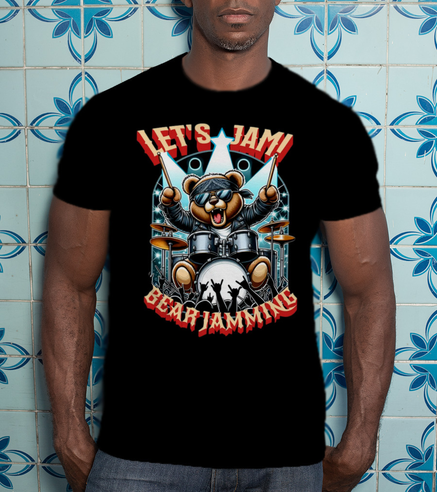 Let's Jam Bear Jamming Rock Drummer Concert Stage Electric Bear T-Shirt