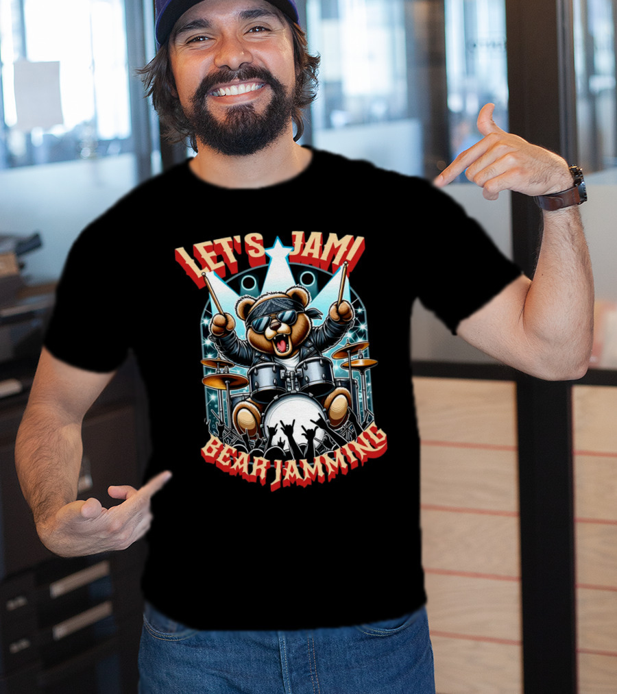 Let's Jam Bear Jamming Rock Drummer Concert Stage Electric Bear T-Shirt