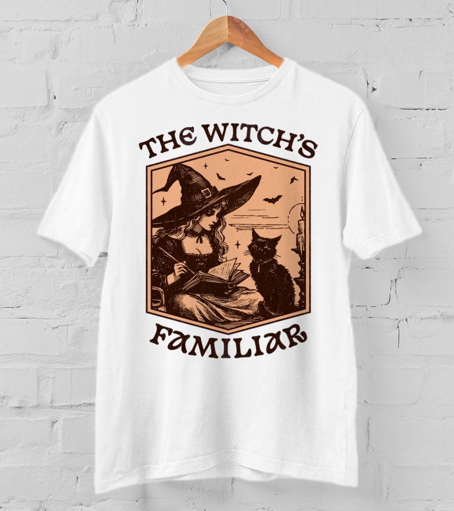 The Witch's Familiar Halloween Vintage Witch And Cat T-Shirt
