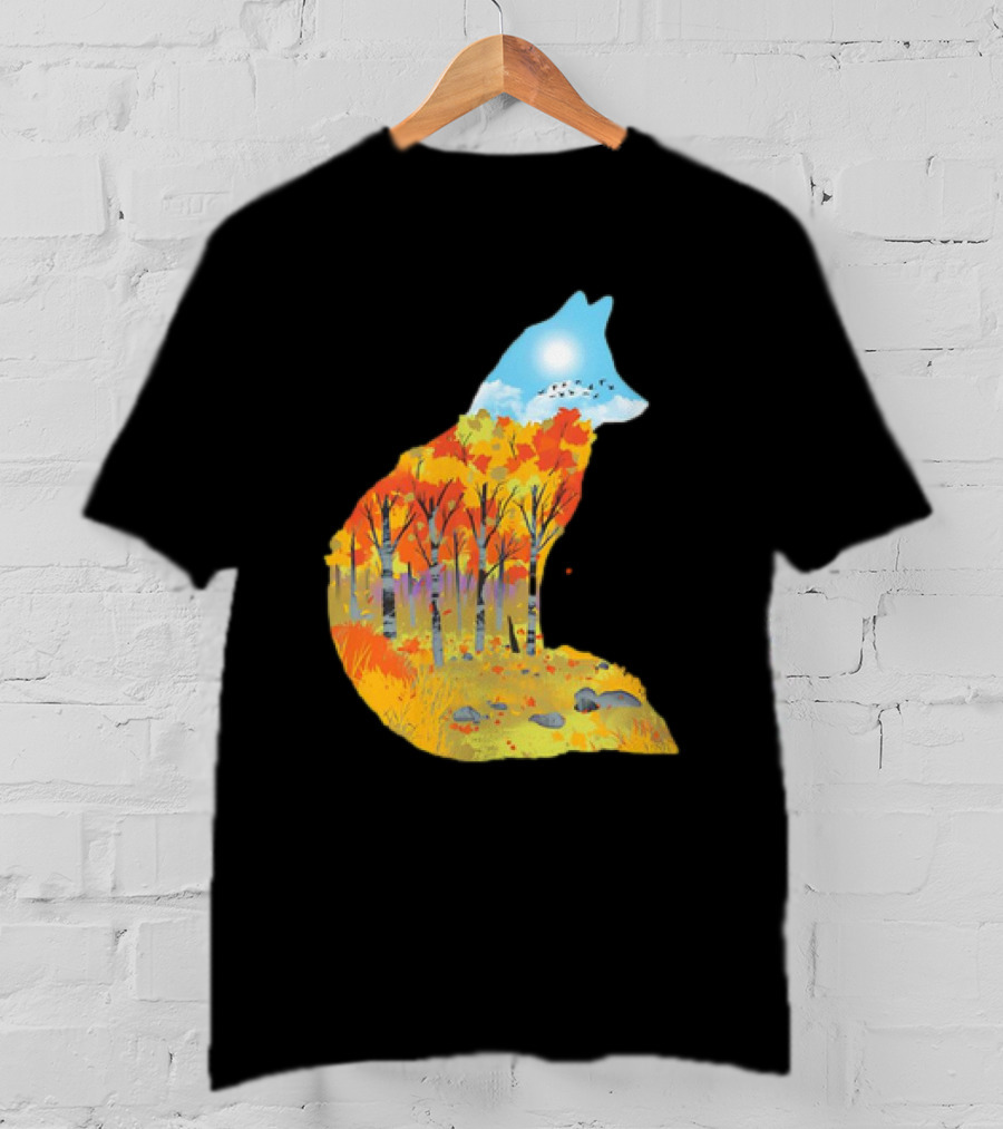 Fox Autumn Forest Landscape With Sun And Birds - I Am The Forest II T-Shirt