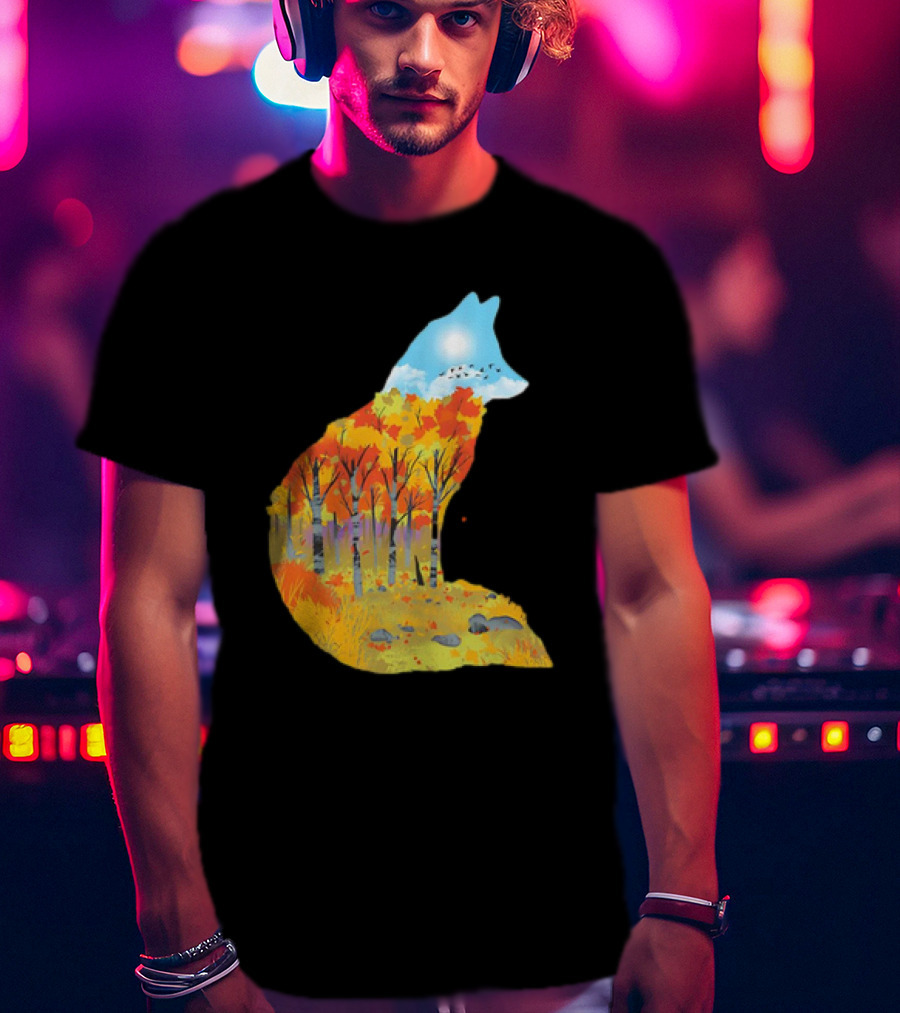 Fox Autumn Forest Landscape With Sun And Birds - I Am The Forest II T-Shirt