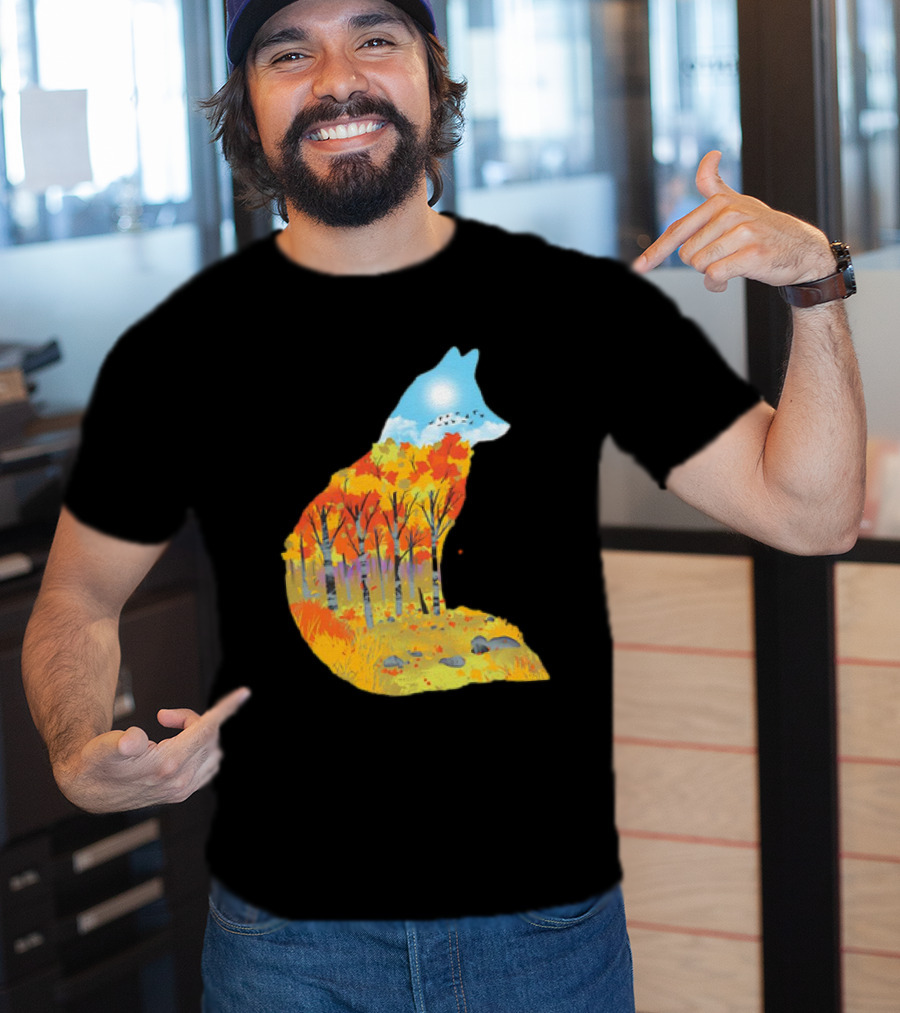 Fox Autumn Forest Landscape With Sun And Birds - I Am The Forest II T-Shirt