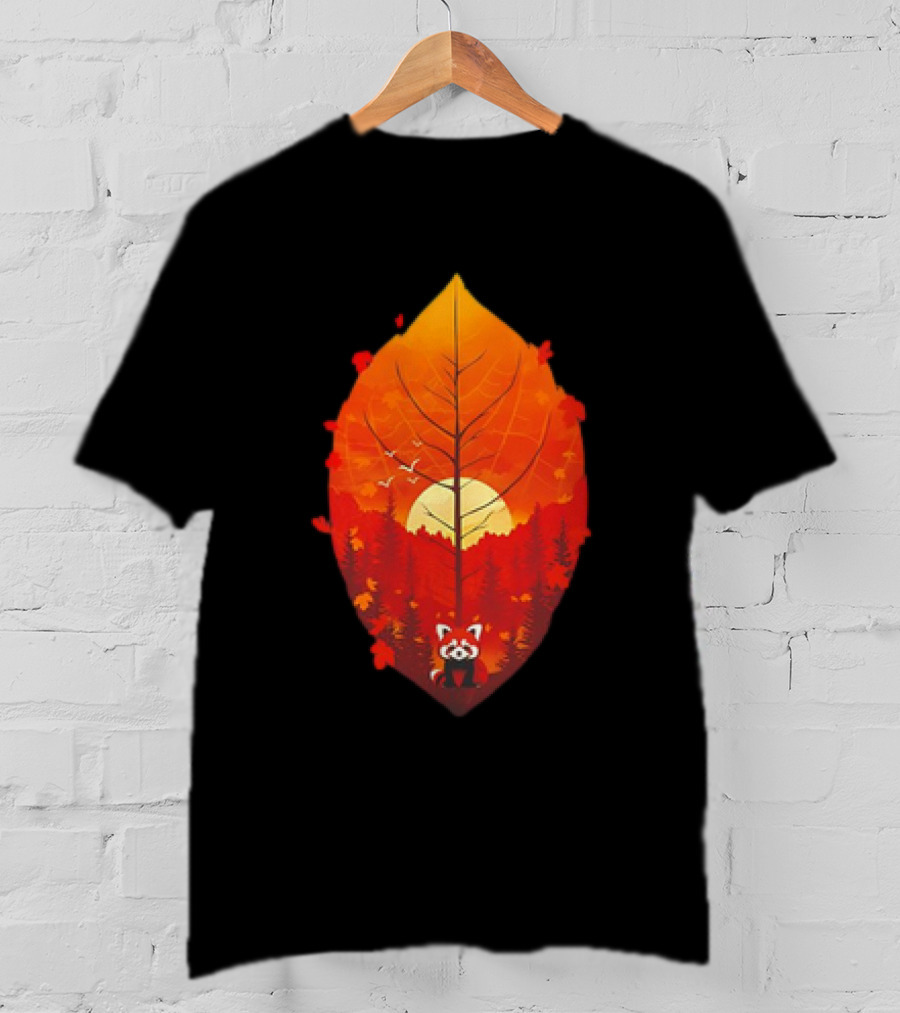 Panda Red Leaf Forest Sunset T-Shirt