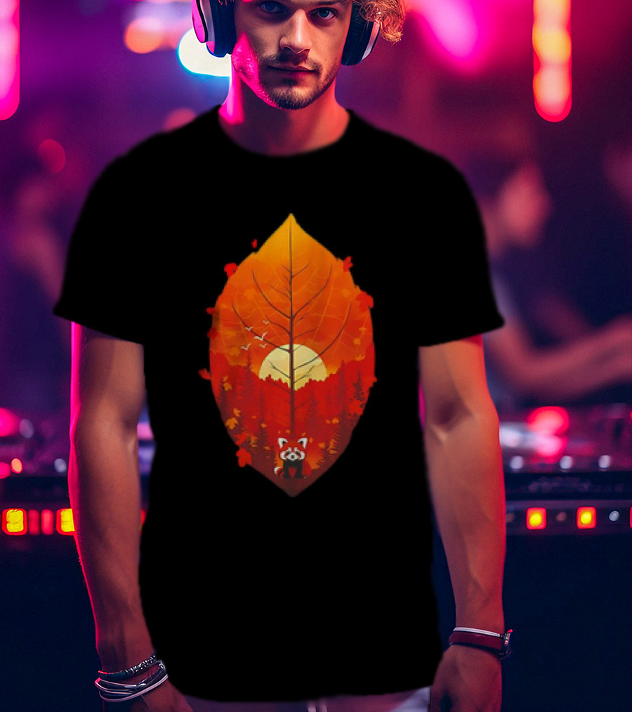 Panda Red Leaf Forest Sunset T-Shirt