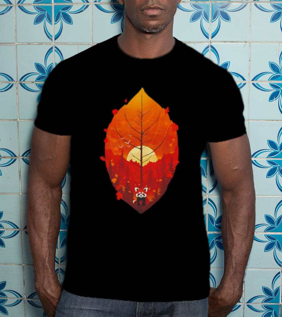 Panda Red Leaf Forest Sunset T-Shirt