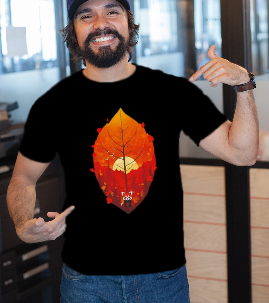 Panda Red Leaf Forest Sunset T-Shirt