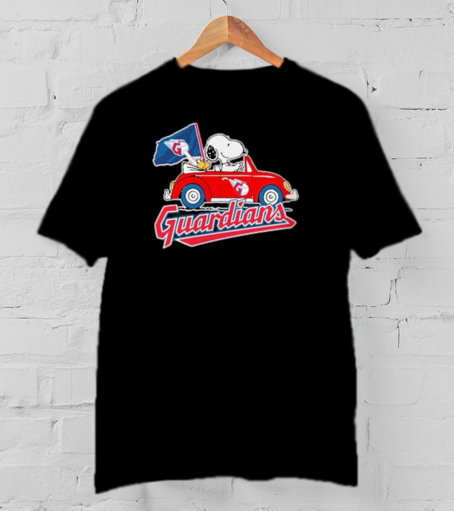 Peanuts Snoopy Woodstock Driving Car Cleveland Guardians Flag T-Shirt