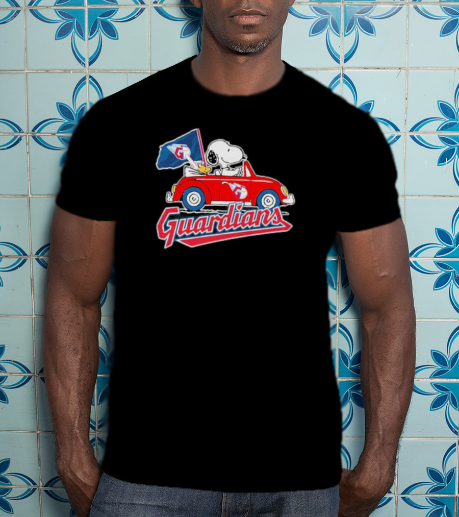 Peanuts Snoopy Woodstock Driving Car Cleveland Guardians Flag T-Shirt