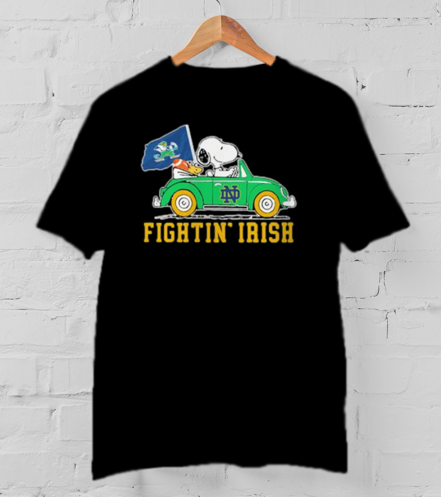 Peanuts Snoopy Woodstock Driving Notre Dame Fighting Irish Car T-Shirt