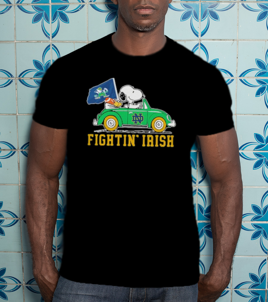 Peanuts Snoopy Woodstock Driving Notre Dame Fighting Irish Car T-Shirt