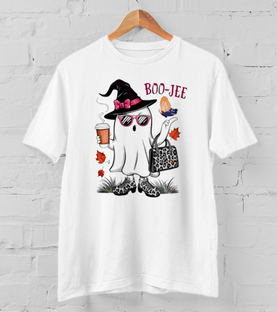 Boo Jee Leopard Ghost Fall Vibes With Hat And Coffee T-Shirt