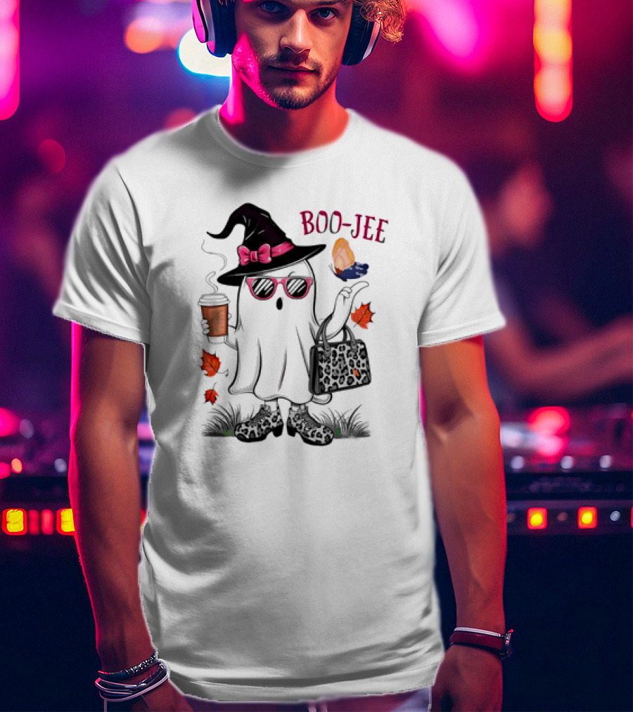 Boo Jee Leopard Ghost Fall Vibes With Hat And Coffee T-Shirt