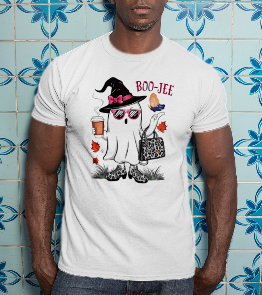 Boo Jee Leopard Ghost Fall Vibes With Hat And Coffee T-Shirt