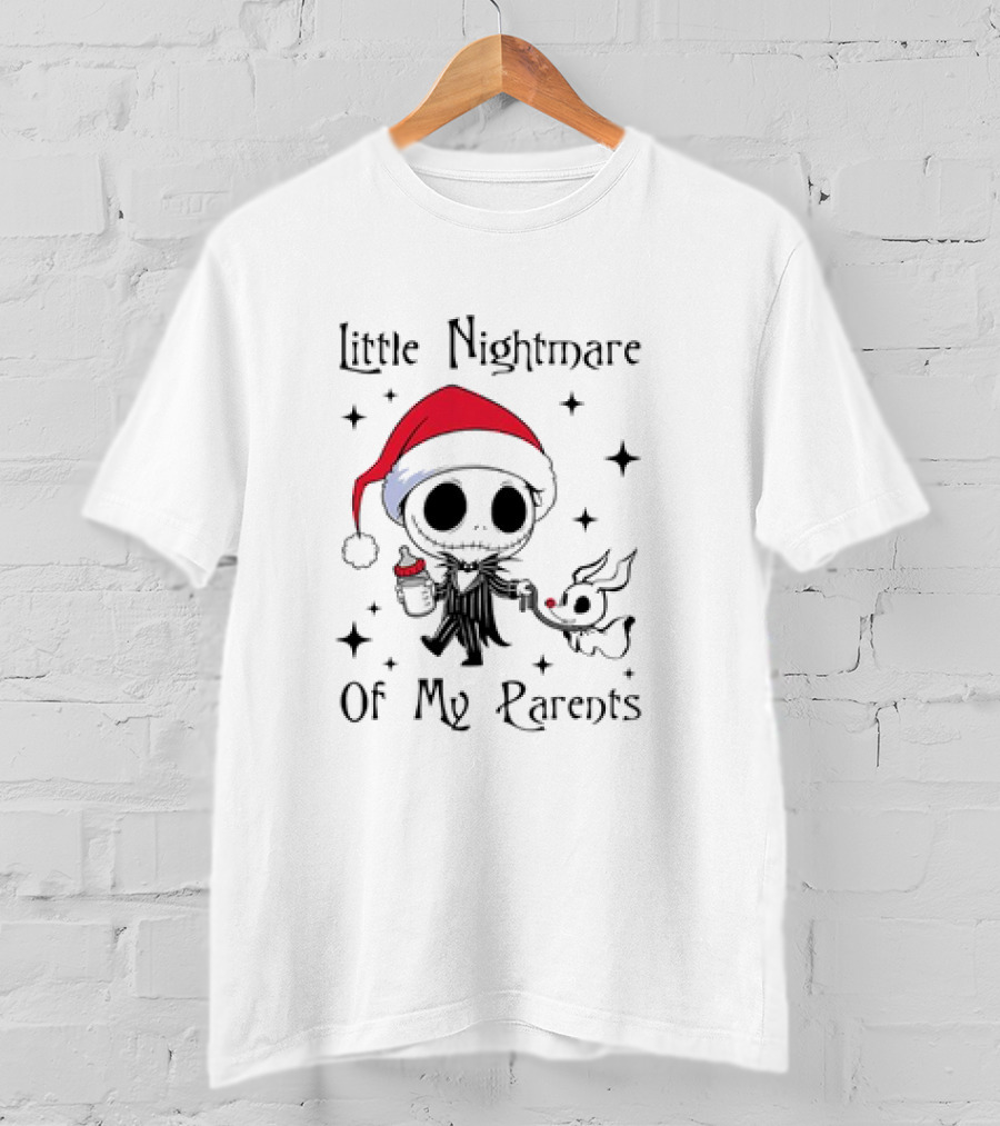 Little Nightmare Of My Parents Jack Skellington Santa Hat Holding Milk And Dog T-Shirt