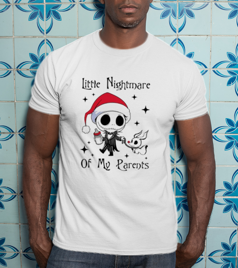 Little Nightmare Of My Parents Jack Skellington Santa Hat Holding Milk And Dog T-Shirt