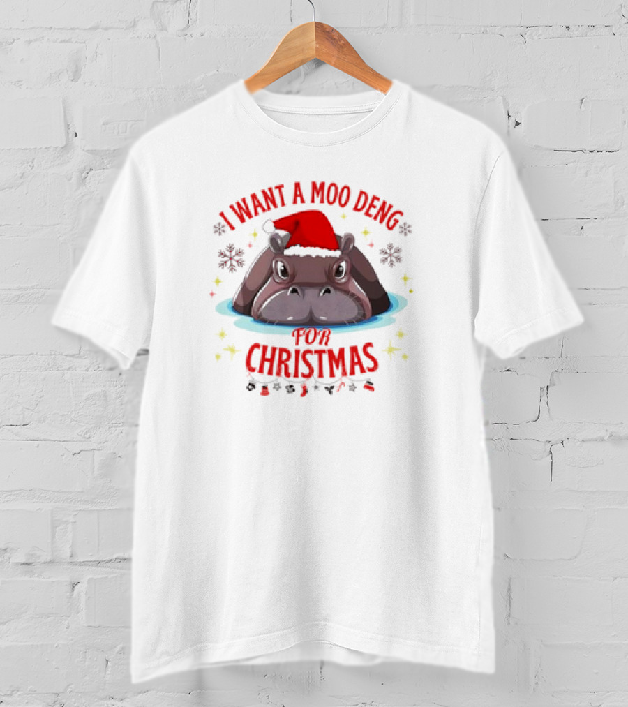 I Want A Moo Deng For Christmas Hippo Santa Hat Cute T-Shirt