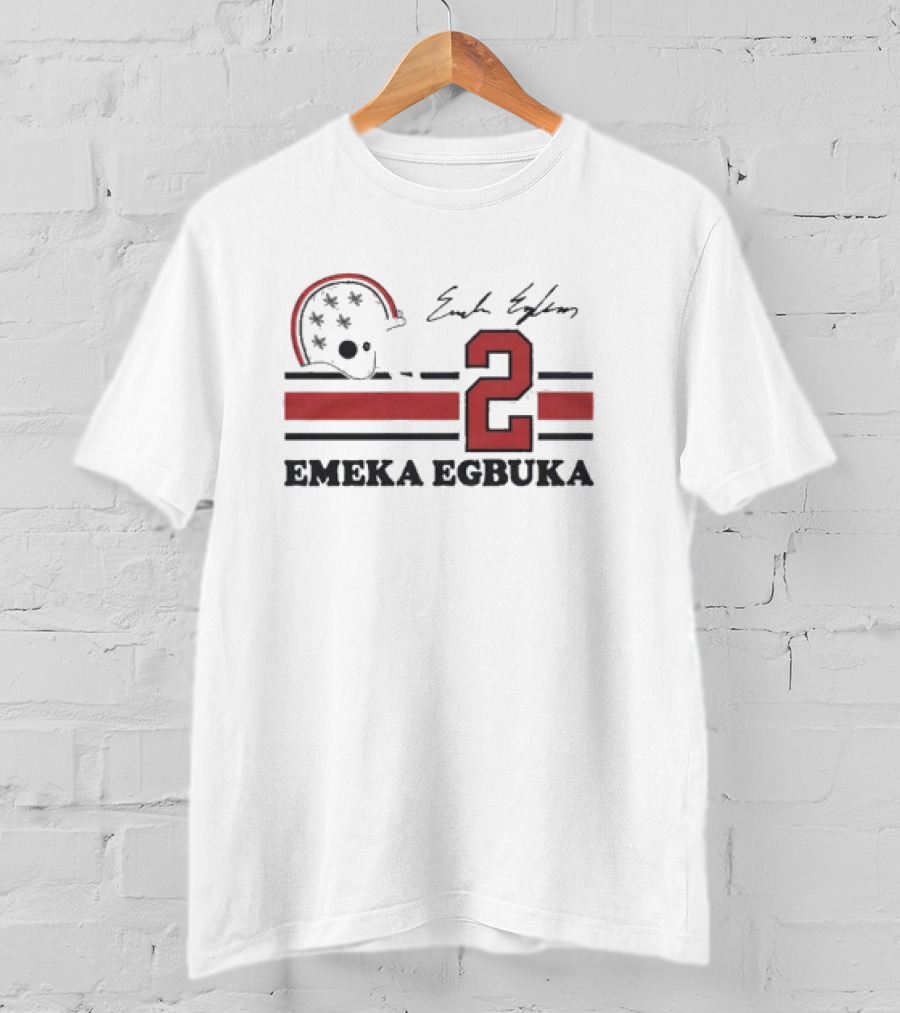 Ohio State Emeka Egbuka #2 Signature Jersey With Helmet And Stripes T-Shirt