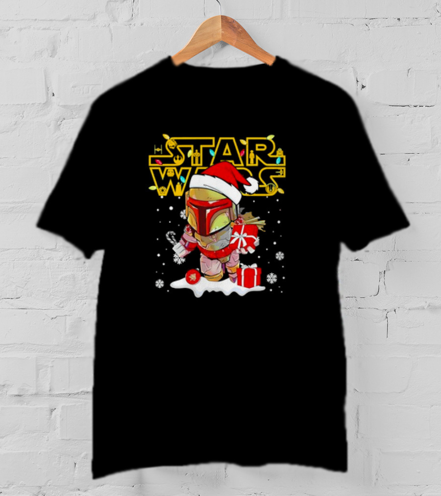 Disneyland Star Wars Boba Fett Christmas Santa Hat And Gifts Snowflakes T-Shirt
