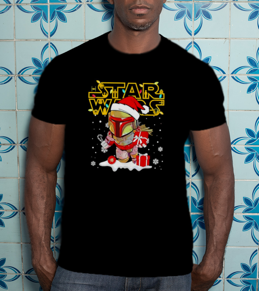 Disneyland Star Wars Boba Fett Christmas Santa Hat And Gifts Snowflakes T-Shirt