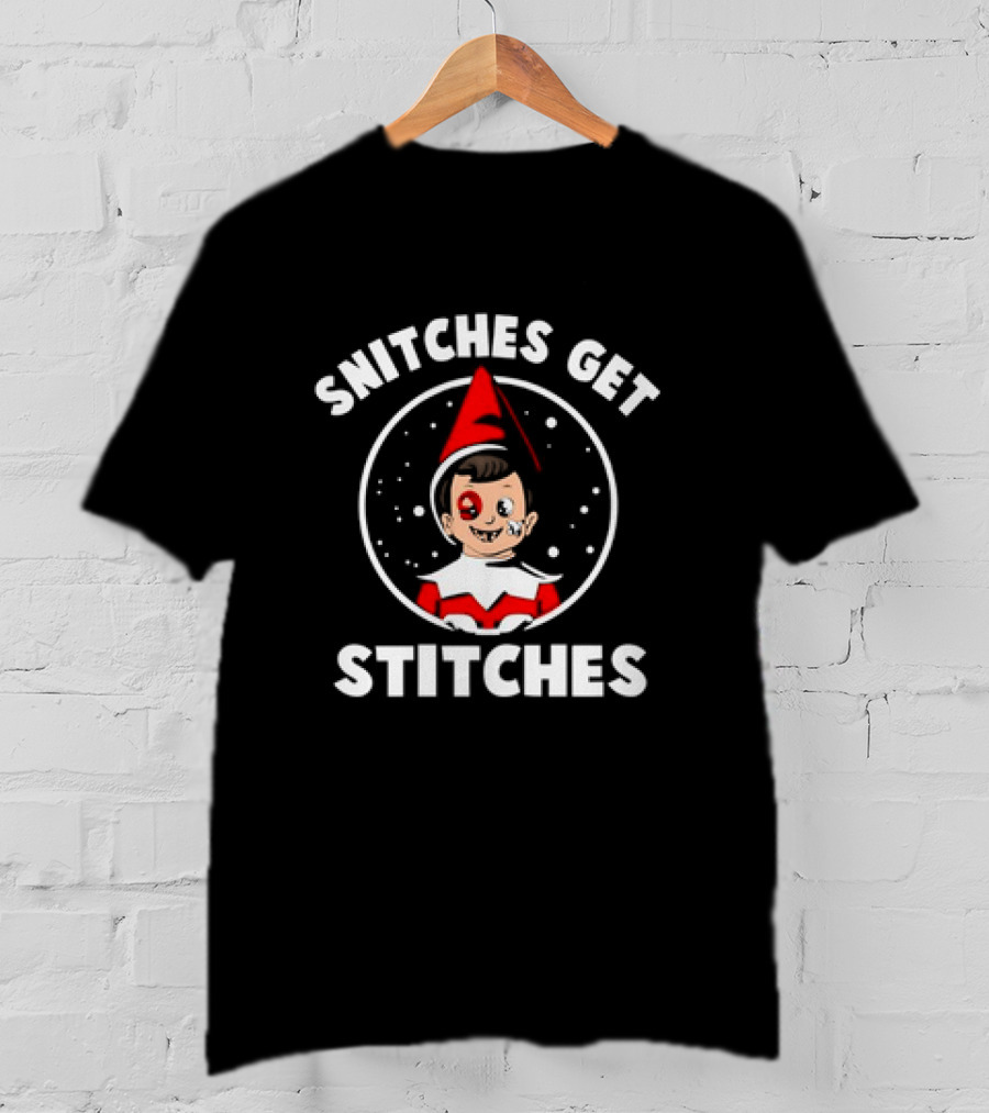 Snitches Get Stitches Elf On A Shelf Humor Cartoon Face T-Shirt