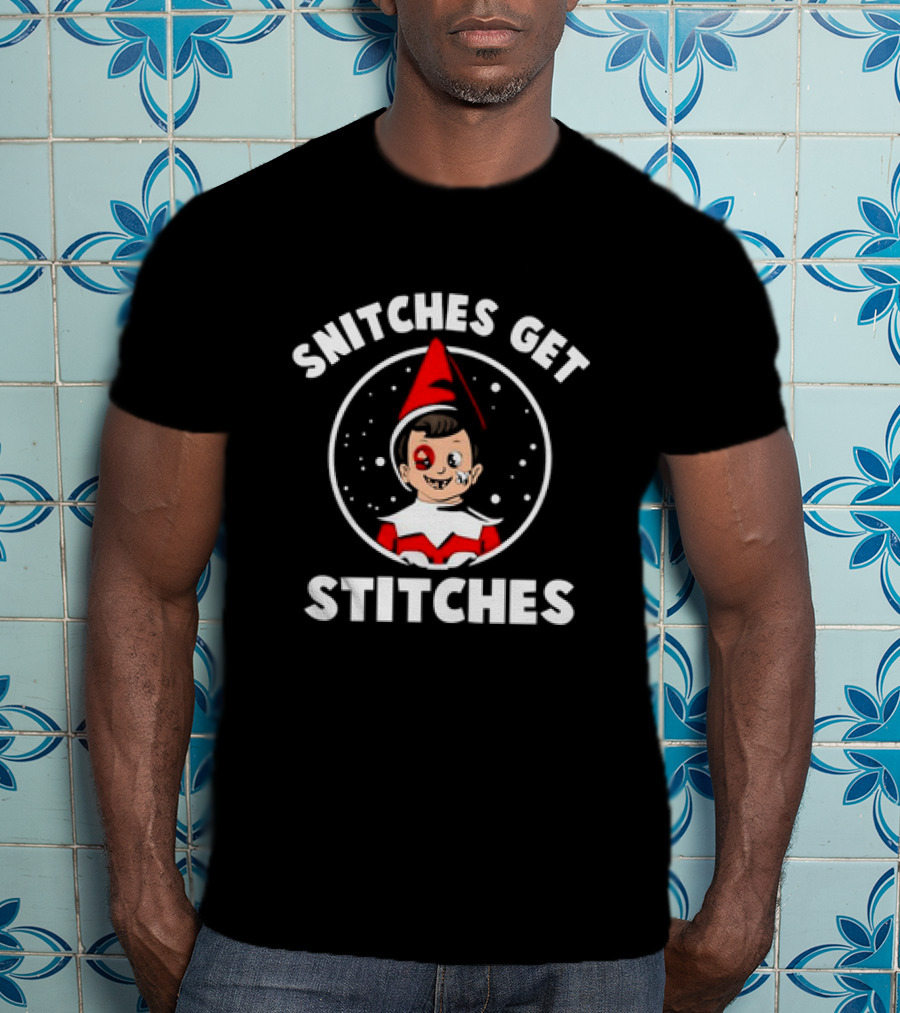 Snitches Get Stitches Elf On A Shelf Humor Cartoon Face T-Shirt