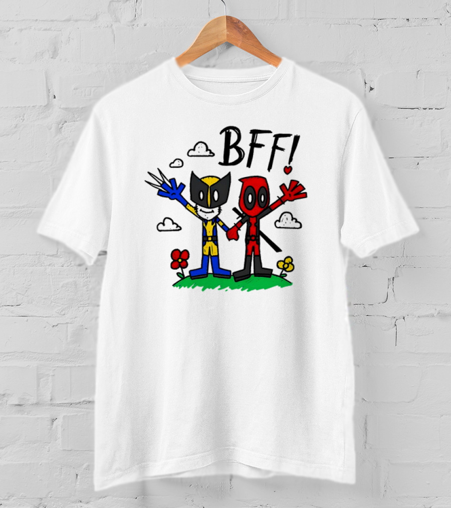 Deadpool And Wolverine BFF Cartoon Style With Heart And Clouds T-Shirt