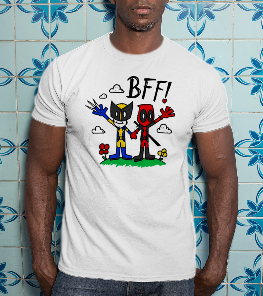 Deadpool And Wolverine BFF Cartoon Style With Heart And Clouds T-Shirt