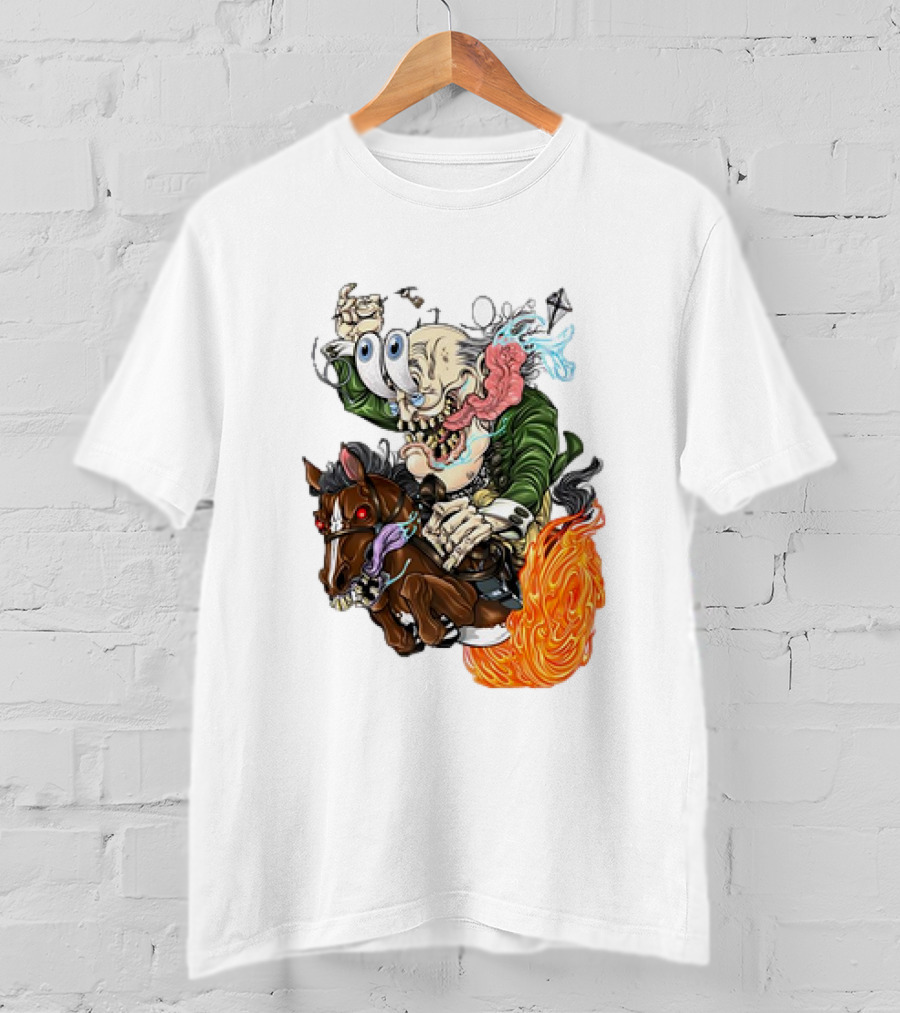 Ben FINKlin Surreal Dual-Eyed Figure On Flame-Engulfed Horse T-Shirt