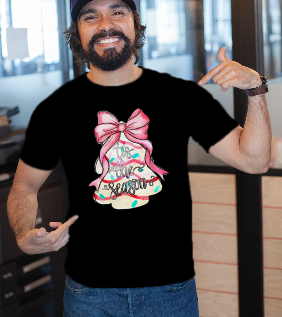 Tis The Season Christmas Tree Cakes Pink Bow T-Shirt