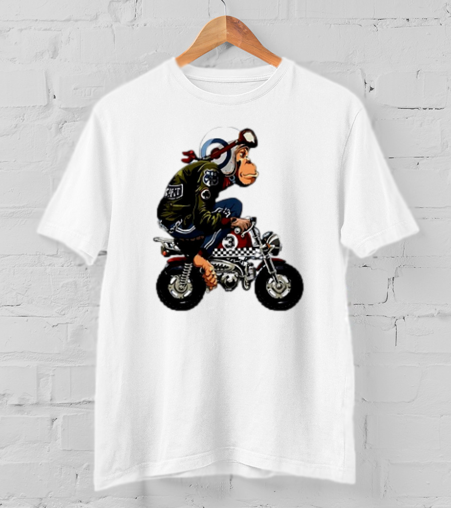 Monkey Riding Checkered Mini Bike Cartoon T-Shirt
