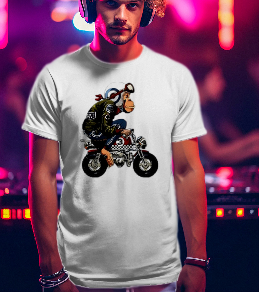 Monkey Riding Checkered Mini Bike Cartoon T-Shirt
