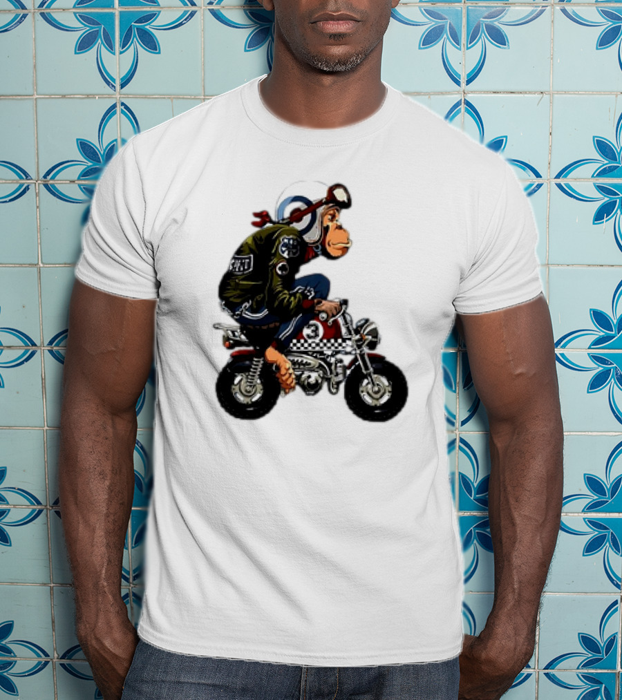 Monkey Riding Checkered Mini Bike Cartoon T-Shirt
