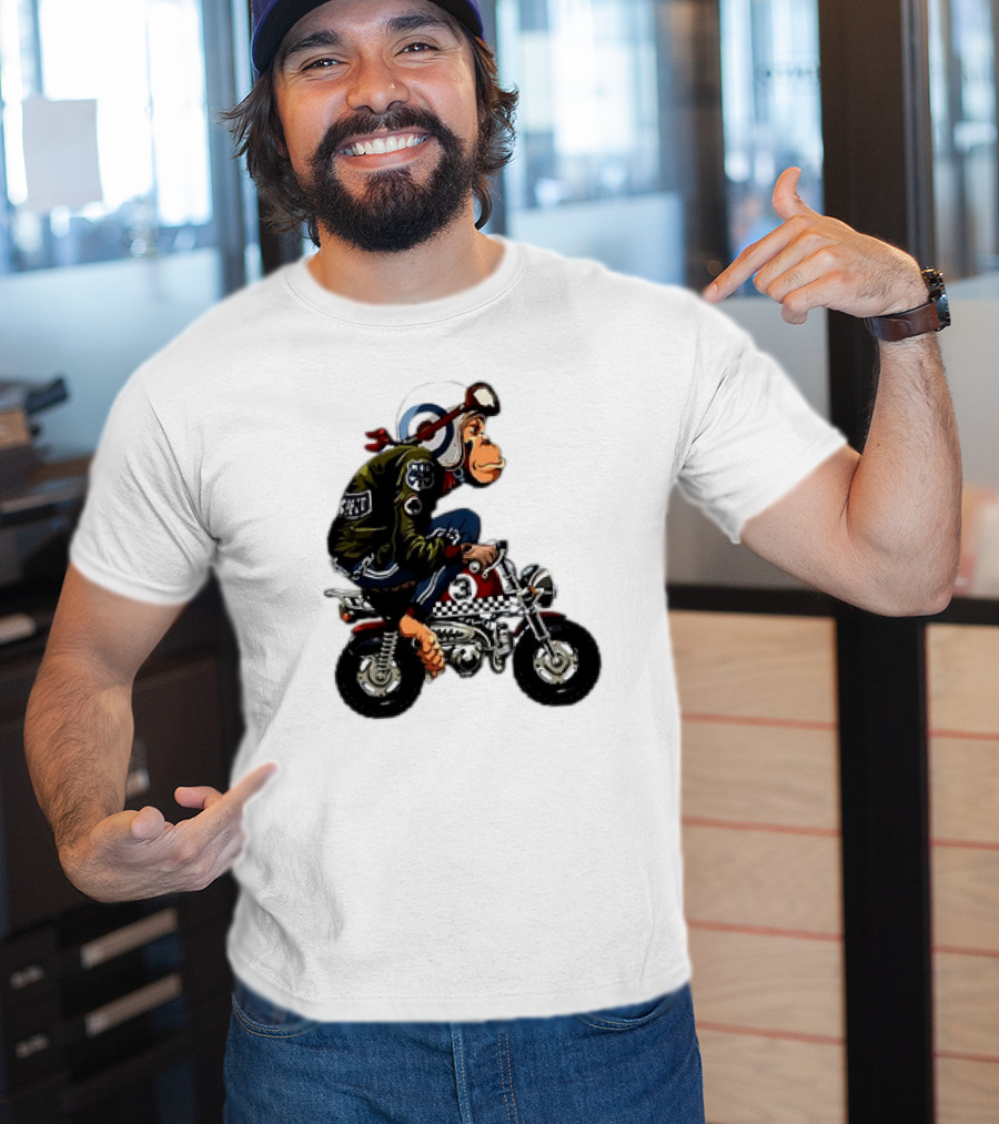 Monkey Riding Checkered Mini Bike Cartoon T-Shirt