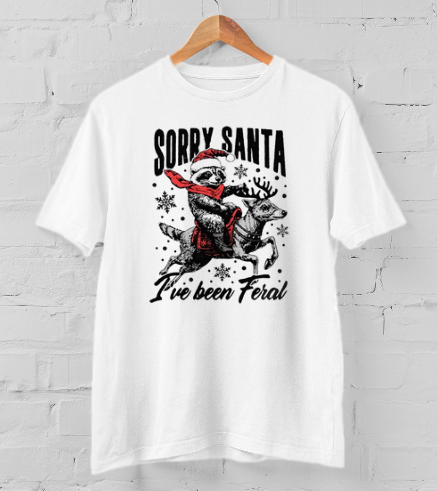 Sorry Santa I've Been Feral Retro Christmas Funny Raccoon Santa Hat T-Shirt