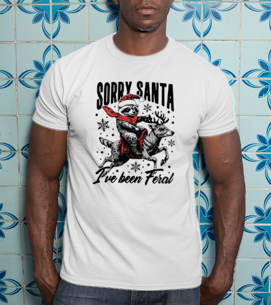 Sorry Santa I've Been Feral Retro Christmas Funny Raccoon Santa Hat T-Shirt