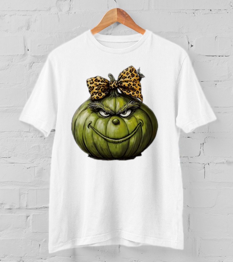 Retro Vintage Leopard Bow Grinch Pumpkin T-Shirt